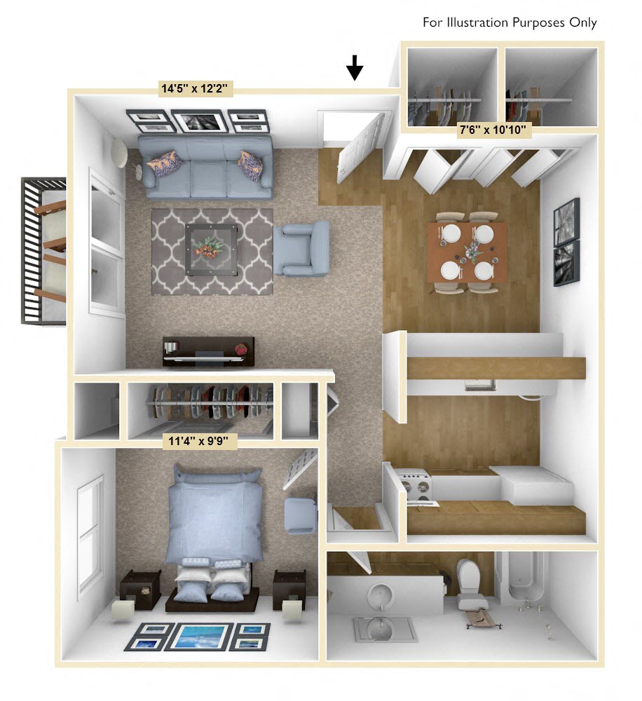 Floor plan for 1 bed, 1 bath, 640 sqft